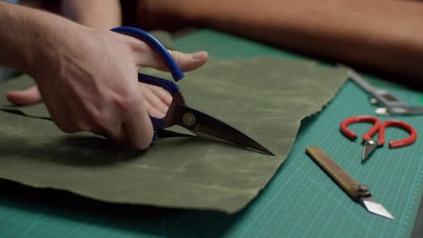 剪裁裁剪裁剪机,剪裁面料细部,平整材料 — 图库视频影像