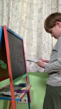 Okul çağındaki çocuk evde ders çalışıyor, ödevlerini özveriyle yapmaya odaklanmış. Öğrenmeyi destekleyen sakin bir ortamda okuma ve sayma, bilgi ve beceriler geliştirme pratiği yapıyor.. 