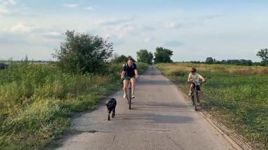 Anne ve oğlu gün batımında yeşil bir çayır boyunca bisiklet sürerken dışarıda mutlu bir aile zamanı. Sıcak akşam güneşi, doğa, rahatlama ve basit kırsal yaşam. Kaygısız ruh hali..