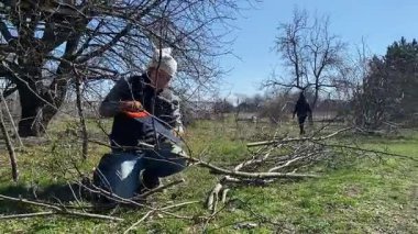 Genç bir adam güneşli bir bahar gününde ağaçları buduyor ve el aletleriyle bahçeyle ilgileniyor. Mevsimlik bahçe işleri, dalları budamak, bahçe bakımı ve parlak güneş ışığında yeni bir başlangıç konsepti.