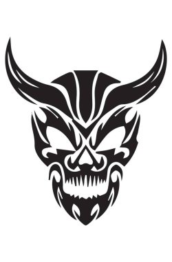 Soyut vektör çizimi boynuzlu siyah beyaz kafatası iblisi. Dövme ya da baskı tişörtü için dizayn .
