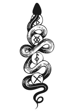 Mistik işareti ve yılanlı dövme. Geleneksel siyah nokta tarzı mürekkep. İzole vektör çizimi. Geleneksel Dövme Eski Dövme Biçimi Mürekkebi. Yılan silueti çizimi. Siyah Yılan.