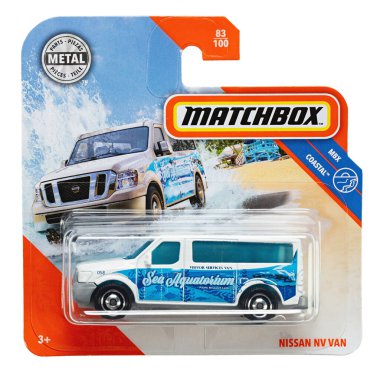 Ukrayna, Kyiv - 20 Ekim. 2020: Oyuncak araba Nissan NV minibüs. Matchbox, 1953 yılında Lesney Ürünleri tarafından tanıtılan popüler bir İngiliz oyuncak markasıdır. Dosya kırpma yolu içeriyor.