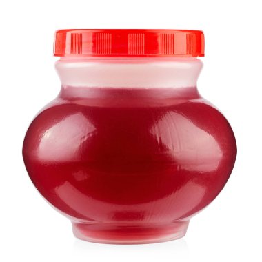 Beyaz arka planda domates sosu kavanozu. Dosya kırpma yolu içeriyor.