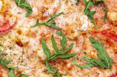 Domatesli, mozarellalı ve otlu lezzetli sade pizza. Gıda geçmişini kapat.