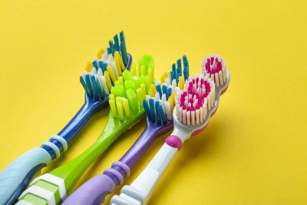 Toothbrushes Yellow Background Hygiene Oral Cavity Top View — Stock Photo, Image