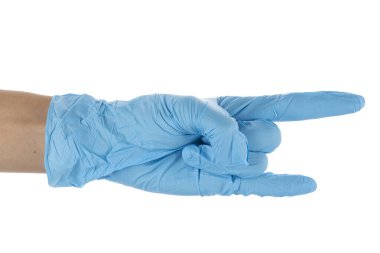 Kendini COVID-19 'dan korumak için mavi eldiven giyiyor, beyaz arka planda izole edilmiş. Dosya kırpma yolu içeriyor.