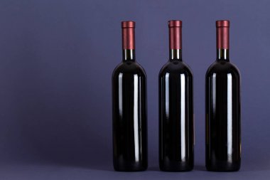 Leylak arka planında üç şişe kırmızı şarap. Metin için yeri var. Şarap tatma ve içme kültürü konsepti.