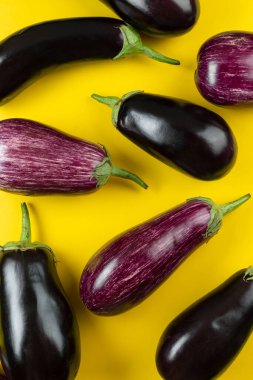 Sarı arka planda mor ve siyah patlıcan. Taze sebzeler. Üst görünüm.