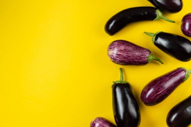 Sarı arka planda mor ve siyah patlıcan. Taze sebzeler. Üst görünüm.