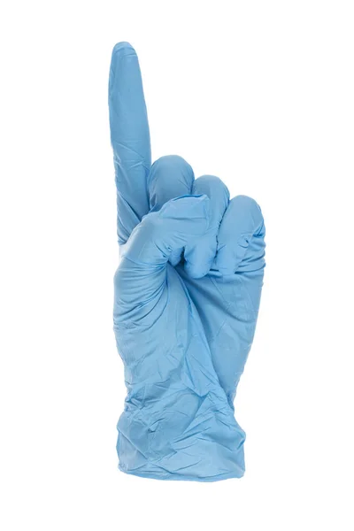 Синяя Медицинская Одноразовая Перчатка Форме Знака Указывающего Направление Белом Фоне — стоковое фото