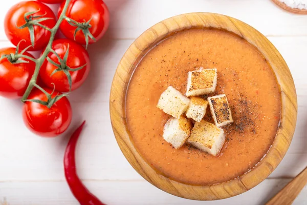 Пряный Домашний Суп Гаспачо Готов Еде Вкусное Летнее Пюре Томатного — стоковое фото