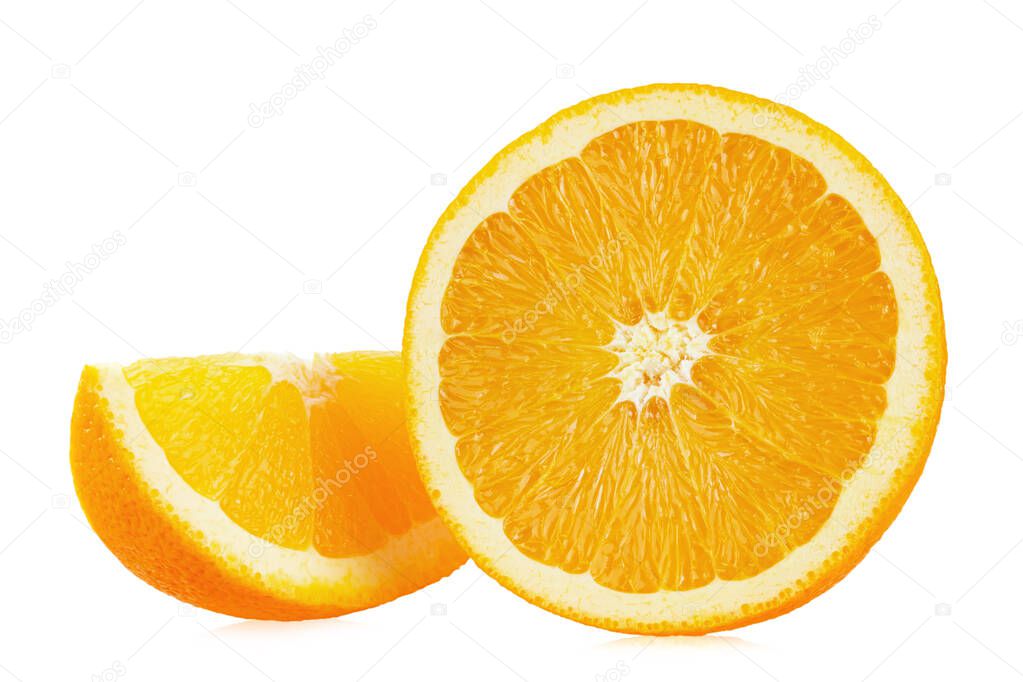 Orange fruit with orange slices isolated on white background. File contains clipping path.
