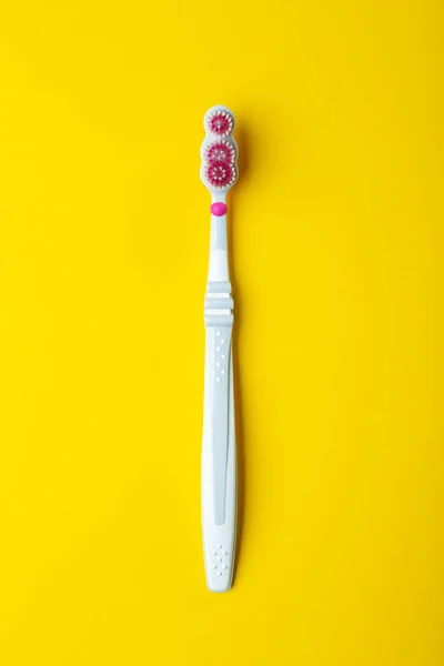 Toothbrush Yellow Background Health Care Dental Hygiene Space Text Top — Stock Photo, Image