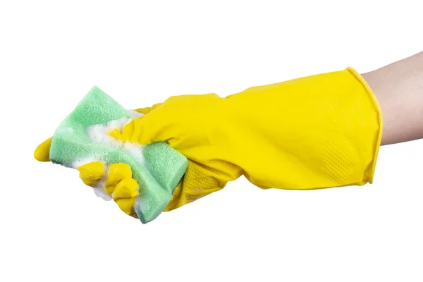 クリーニングコンセプト 黄色のゴム手袋の手は白い背景に隔離された緑のスポンジを保持しています — ストック写真
