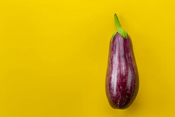 Rauwe Paarse Aubergine Een Gele Achtergrond Verse Groenten Ruimte Voor — Stockfoto