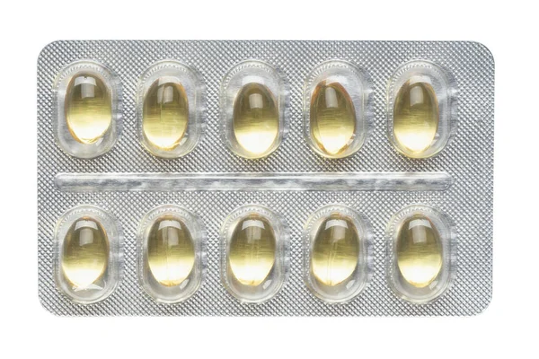 白い背景に錠剤ブリスター カプセル 鎮痛剤 抗生物質 ビタミンの錠剤包装のレイアウト 医学的概念 ファイルにクリッピングパスが含まれています — ストック写真