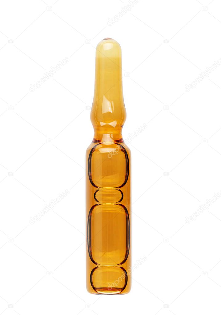 Medical ampoule with medicine isolated on white background. Illness treatment concept. Pharmaceutical business. Skincare products and hair. File contains clipping path.