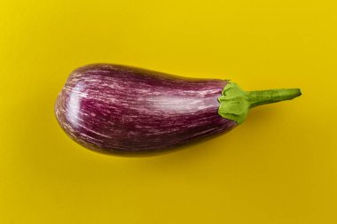 Sarı arka planda çiğ mor patlıcan. Taze sebzeler. Mesaj için yer var. Üst görünüm.