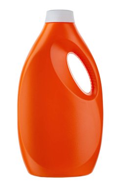 Sıvı çamaşır deterjanı için turuncu plastik şişe, temizlik maddesi, çamaşır suyu ya da beyaz arka planda izole edilmiş yumuşatıcı. Dosya kırpma yolu içeriyor.