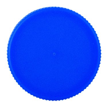 Plastik şişe kapağı beyaz arka planda izole edilmiş. Mavi renkli. Dosya kırpma yolu içeriyor.