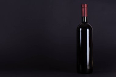 Leylak arka planında mühürlü kırmızı şarap şişesi. Mesaj için yeri var. Şarap tatma ve içme kültürü konsepti. Alkolik içecek.