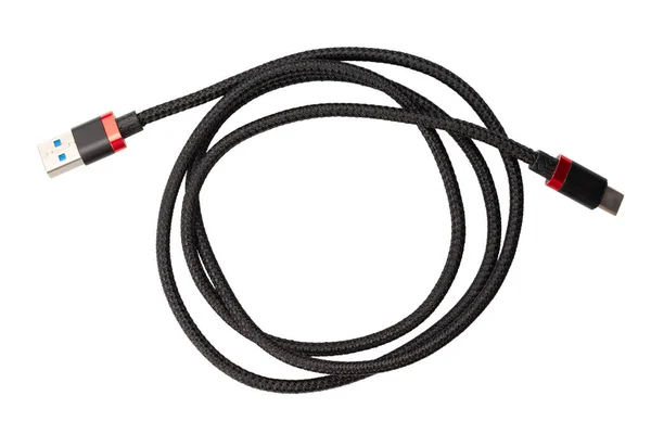 Schwarzes Usb Typ Ladekabel Kompatibel Für Viele Geräte Spiralförmig Umwickelt — Stockfoto