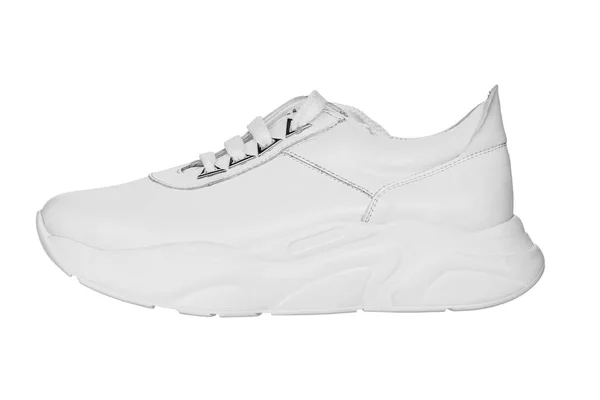 Sneakers Pelle Bianca Isolate Sfondo Bianco Stile Casual Lacci Bianchi — Foto Stock