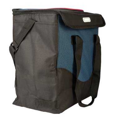 Beyaz arka planda termal torba var. Yakın çekim. Yiyecek taşımacılığı için. Dosya kırpma yolu içeriyor