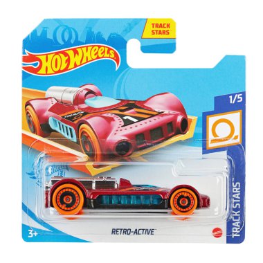 Ukrayna, Kyiv - 26 Nisan. 2021: Oyuncak araba modeli hw retro-aktif. Hot Wheels, Amerikalı oyuncak üreticisi Mattel 'in 1968 yılında piyasaya sürdüğü bir oyuncak otomobildir. Dosya kırpma yolu içeriyor.