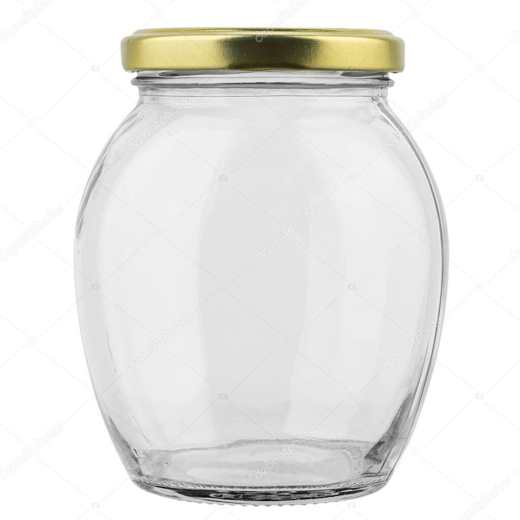 Empty jar with golden cap. Food preservation concept. File contains clipping path.