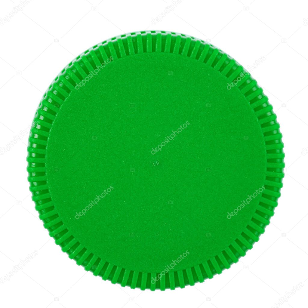 Plastic bottle cap isolated on white background. File contains clipping path. Concept of environmental pollution, eco friendly behavior, waste sorting and plastic recycling.