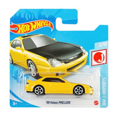 Ukrayna, Kyiv - 26 Nisan. 2021: Oyuncak araba modeli hw 98 honda prelude. Hot Wheels, Amerikalı oyuncak üreticisi Mattel 'in 1968 yılında piyasaya sürdüğü bir oyuncak otomobildir. Dosya kırpma yolu içeriyor.