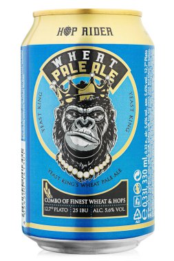 KYIV, UKRAINE - 26 Nisan 2021: Can Hop Rider Buğday Birası beyaza izole edilmiş. Katalog için izole paketleme. Alkolik içecek. Dosya kırpma yolu içeriyor.
