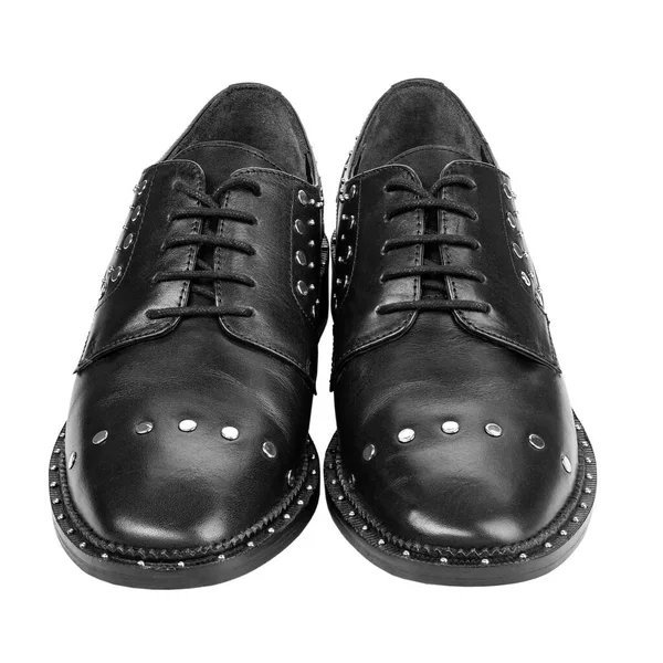 Γυναικείες Δερμάτινες Μπότες Γκρο Πλαν Μαύρο Χρώμα Παπούτσια Οξφόρδης Χαλαρά — Φωτογραφία Αρχείου
