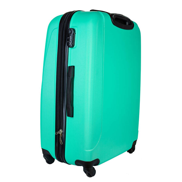 Plastic suitcase turquoise color on wheels for travel. Travel concept. File contains clipping path.