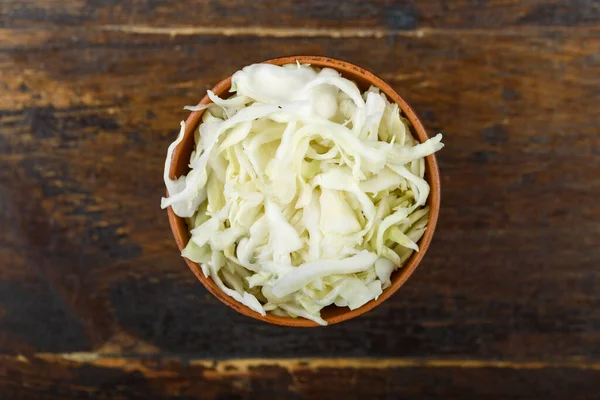 Chopped Cabbage Bowl Wooden Background Vegetable Ingredient Staple Food Healthy — Stock Photo, Image