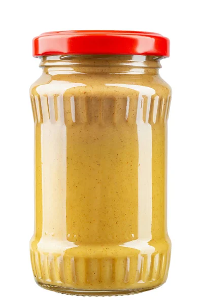 Mustard Transparent Glass Jar Closed Red Metal Lid Isolated White — Stok Foto