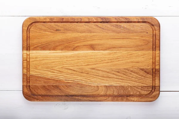 Rechthoekige Snijplank Een Witte Houten Tafel Gereedschap Voor Bereiding Van — Stockfoto