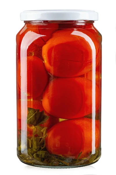 Boite Verre Fermée Avec Tomates Conserve Isolées Sur Fond Blanc — Photo