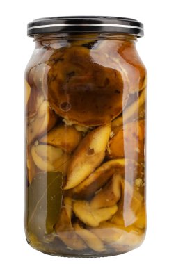 Bir kavanoz terbiye edilmiş orman mantarı. Ev yapımı reçeller, yemeye hazır. Beyaz arka planda izole edilmiş. Dosya kırpma yolu içeriyor. Tasarım ögesi.