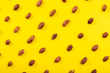 Sarı arka planda izole edilmiş yer fıstığı deseni. Tekrarlama konsepti. Üst görünüm