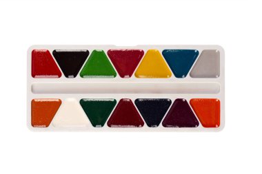 Dosya kırpma yolu içeriyor. Bir kutuda boyamak için suluboya paketler. Sanat ve yaratıcılık kavramı.