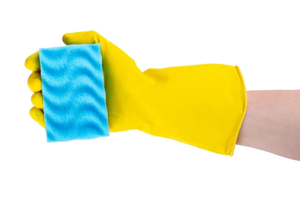 Reinigungskonzept Hand Einen Gelben Gummihandschuh Hält Einen Blauen Schwamm Isoliert — Stockfoto