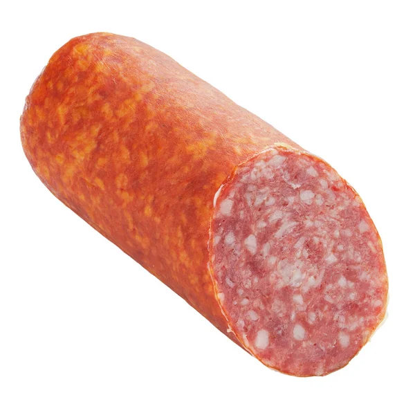 Salami Fumé Saucisse Isolé Sur Fond Blanc Vue Dessus — Photo