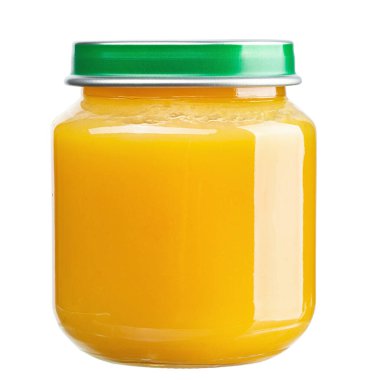 Beyaz arka planda izole edilmiş bebek püresi kavanozu. Dosya kırpma yolu içeriyor.