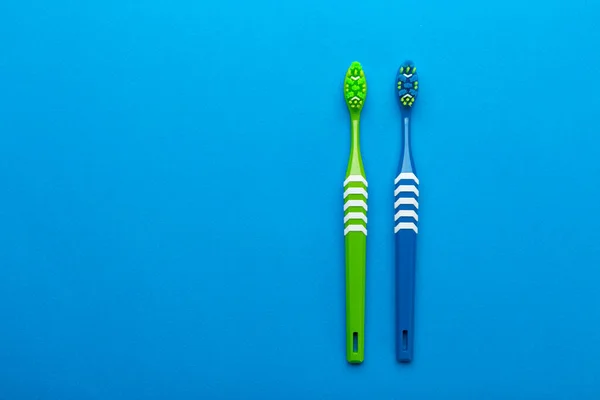 Toothbrushes Blue Background Concept Toothbrush Selection Oral Cavity Care Dental — Stock Photo, Image