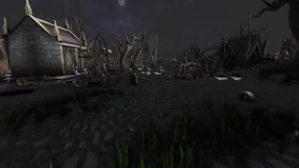 Sömlös Animation Flyger Över Kyrkogård Natten Med Träd Gravstenar Dödskallar — Stockvideo