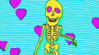 Çizgi roman tarzında seksi dans eden iskelet, floresan dokular ve desenler. Cadılar Bayramı kültür video döngüsü karikatür çizimi ile stop motion görünüm