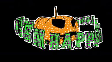 Jack Olantern 'ın kusursuz hareketsiz animasyonu Cadılar Bayramı metniyle birlikte çizgi film stili. Alfa kanallı izole edilmiş modaya uygun havalı bir çizgi roman görüntüsü olan Zine kültür döngüsü.